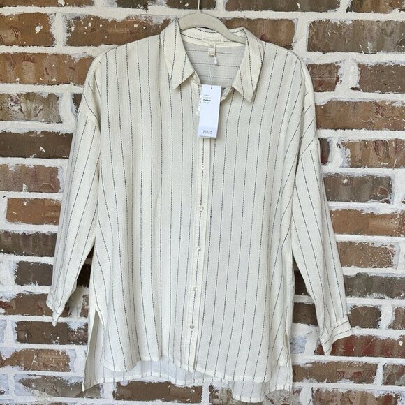 NWT‎ Eileen Fisher Classic Shirt XS Gauzy Organic Cotton Blend Stripes Coastal - Picture 1 of 12